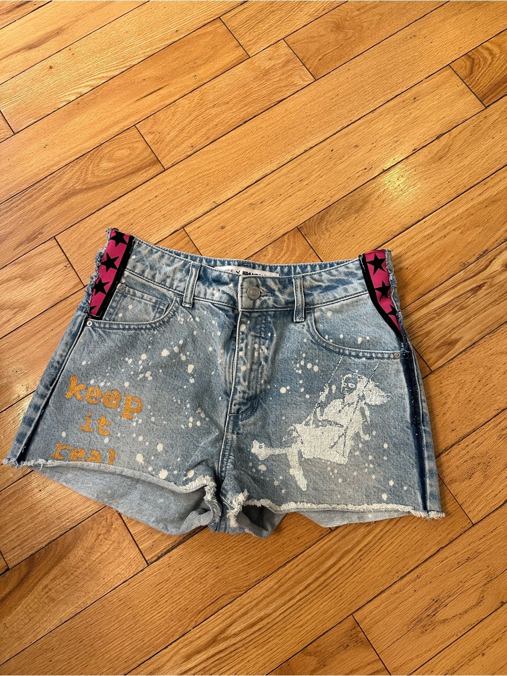 Guess Light Blue Denim Shorts with Pink Star Panels